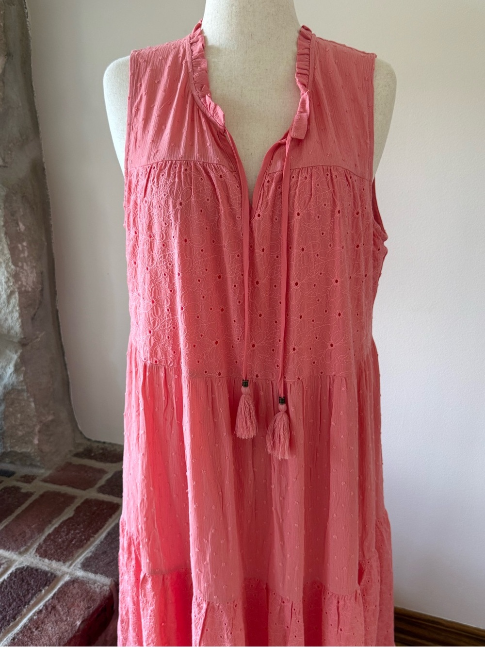 Sleeveless Coral Pink Eyelet Maxi Dress with Tassel Detail